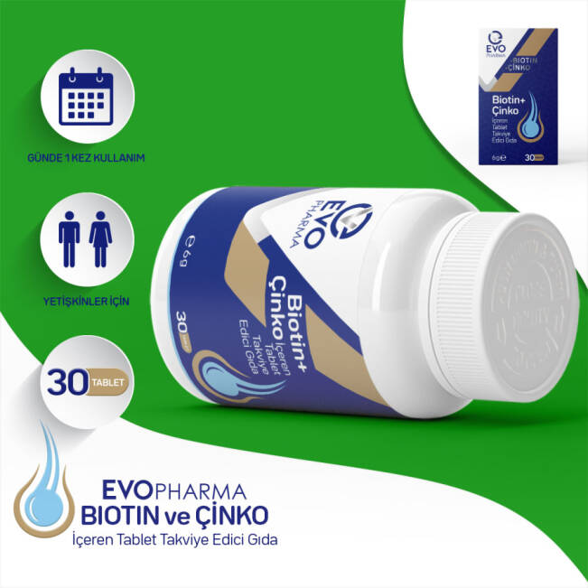 Evopharma Biotin + Çinko İçeren Takviye Edici Gıda 30 Tablet - 1